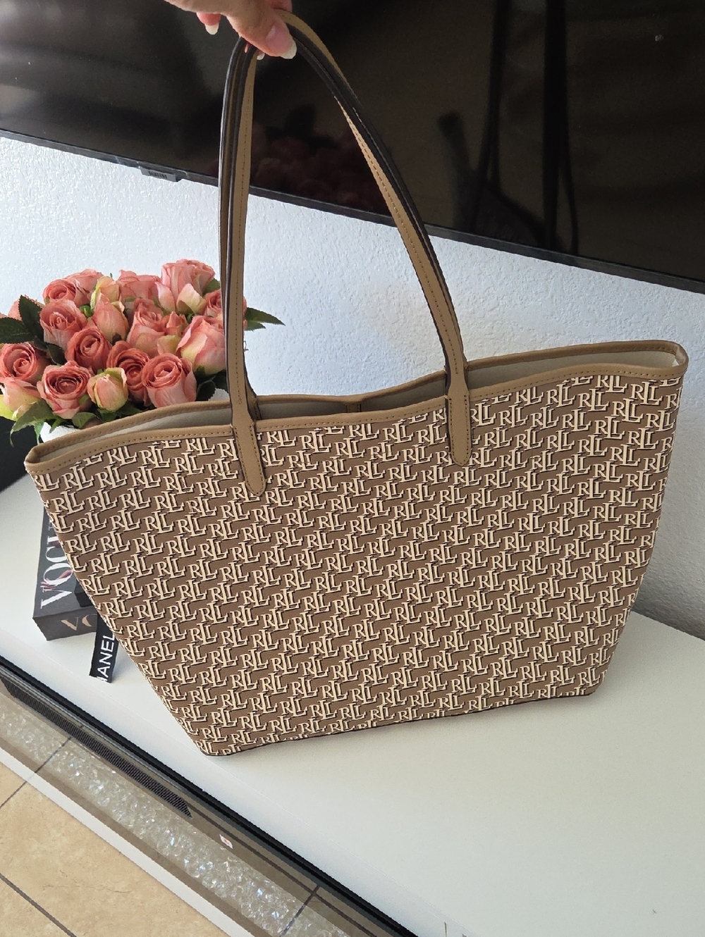 Ralph Lauren Tan RL Monogram Canvas Tote